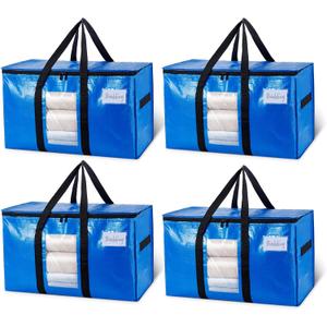TAILI Extra Large Moving Bags, 4 Pack Blue Heavy Duty Totes For Storage with Visible Window, Wrap Around Handles, Storage Bags for Space Saving, Alternative to Moving Boxes