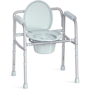 HOMLAND 3-in-1 Bedside Commode Chair with Sturdy Dual-Crossbar Support Construction, Stable Portable Commode Toilet with 7.5Qt Potty Bucket, 350 Lbs Bedside Commodes for Seniors, Silver