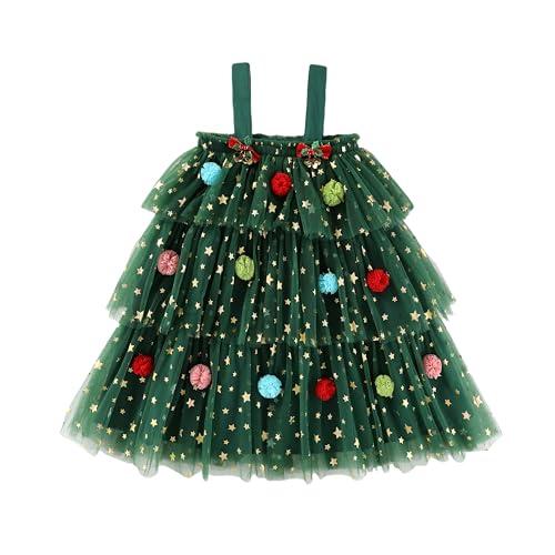 Noubeau Toddler Baby Girl Christmas Dress Star Sequin Layered Green Tutu Dresses Pompom Cake Smash Xmas Clothes(Green, 4-5T)