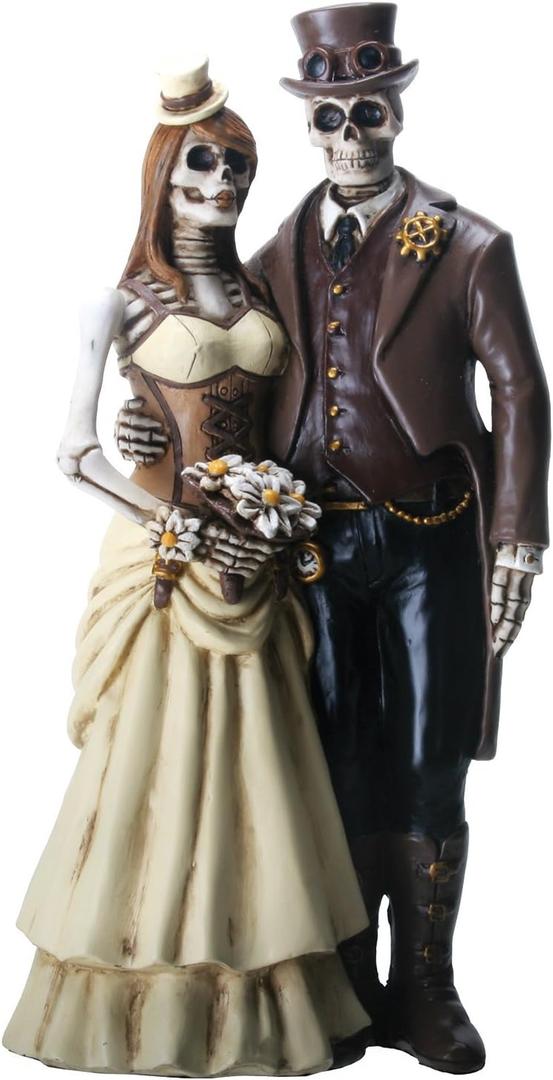 YTC 8 Inch Steampunk Skeleton Wedding Couple Statue Figurine, Brown