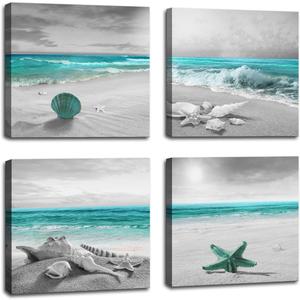 BQVCT 4 panels green ocean beach wall decoration for bathroom beach canvas prints natural pictures home artwork bedroom living room wall art ready to hang size: 12x12inch/set