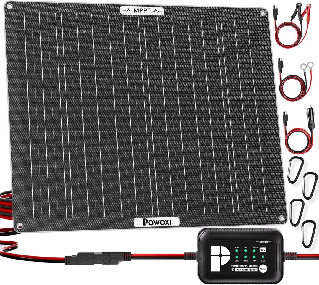 POWOXI 50W Solar Battery Charger: 12V Solar Car Battery Trickle Maintainer - with MPPT Controller Parameter Adjustable - for RV Boat Marine Motorcycle Trailer Truck Tractor - Solar Panel Kit, 50W-MPPT Pro