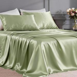 FreshCulture Satin Sheets Twin XL Bed Set - 3 Piece Luxury Soft Silky Bed Sheets, Similar to Silk Sheet Set with 1 Deep Pocket Fitted Sheet, 1 Flat Sheet & 1 Pillowcase (Sage Green)
