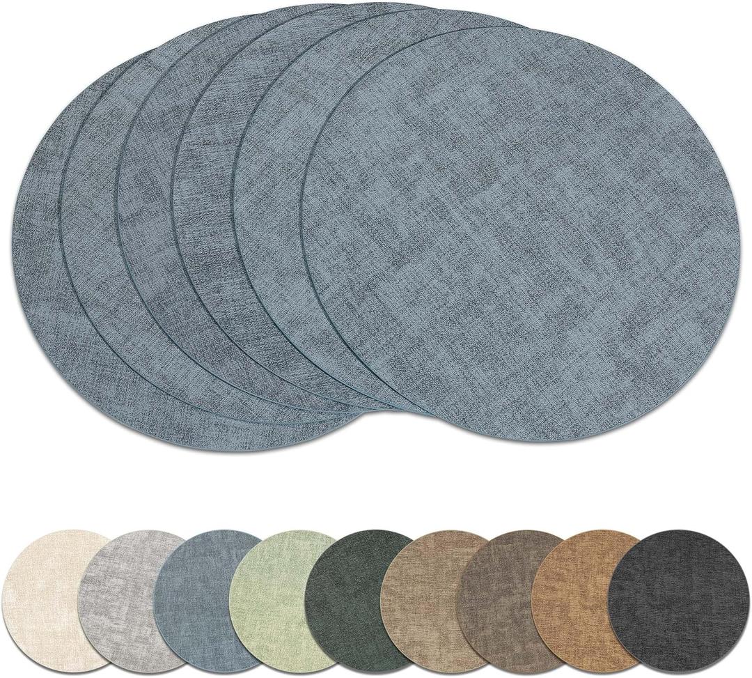 Round Placemats Set of 6, Reversible Faux Leather Heat Resistant Table Mats, 100% Waterproof Oilproof Wipeable Table Protective Placemats for Vinyl, Washable for Indoor & Outdoor Use (6, Light Blue)