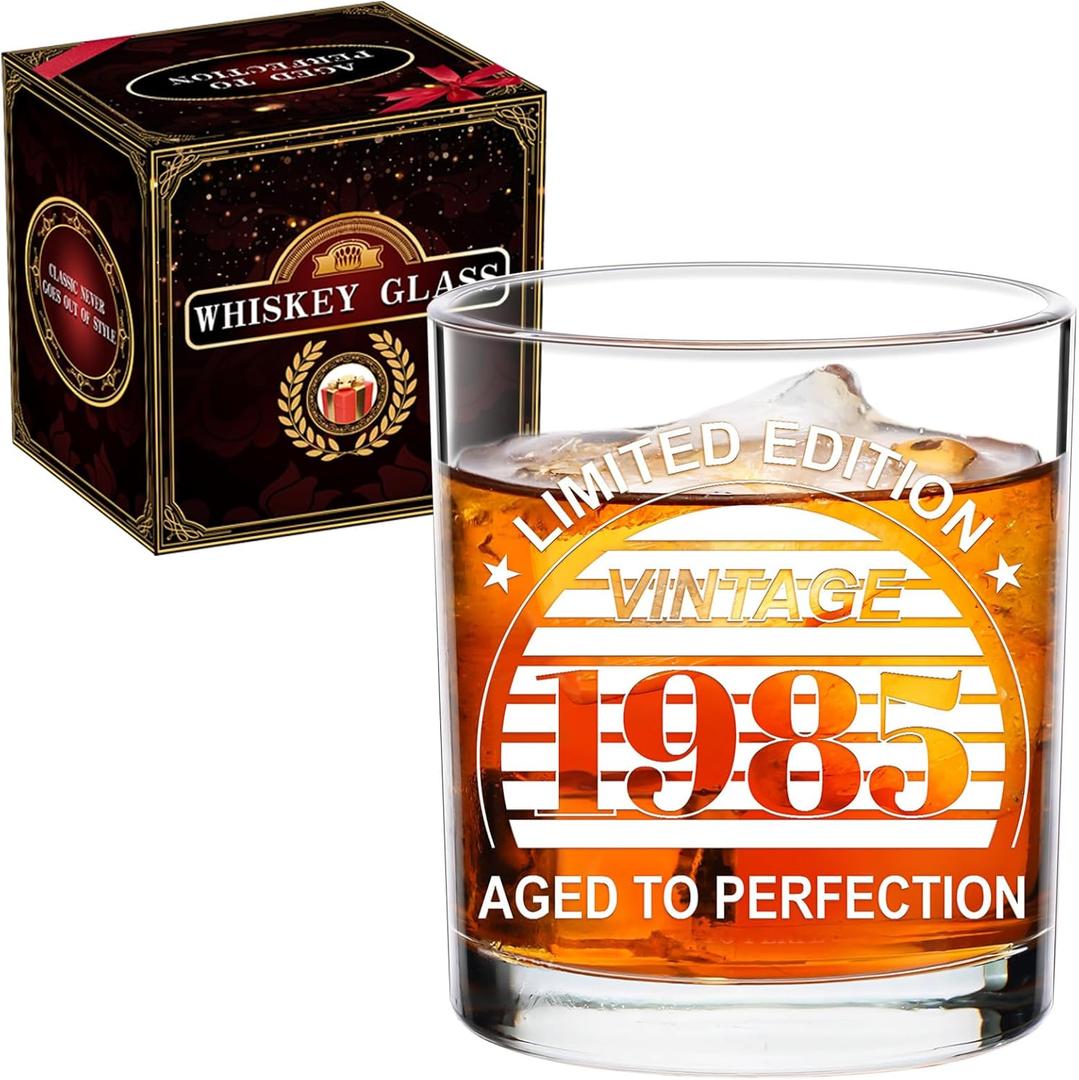 Vintage 1985 Whiskey Glasses, Bourbon Glass, 40th Birthday Gifts Men, 40th Birthday Decorations for Men, Birthday Gifts for Him, Unique Christmas Gift (2 Pack)