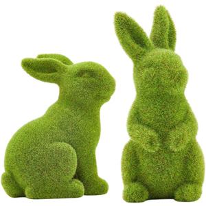 Easter Bunny Decorative Ornament Garden Decoration Artificial Green Moss Rabbit Sculpture Easter Decoration Party Gifts Baking Table and Home Decoration (Small 2PCS Standing+Sitting)