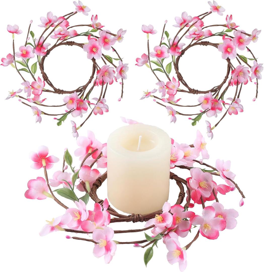 Suncalla 2 Pack 6" Small Spring Pillar Candle Rings Wreath Artificial Cherry Blossom Flower Wreath for 4 Inch Pillar Candles Holder for Spring Summer Wedding Home Centerpiece Table Party Decorations