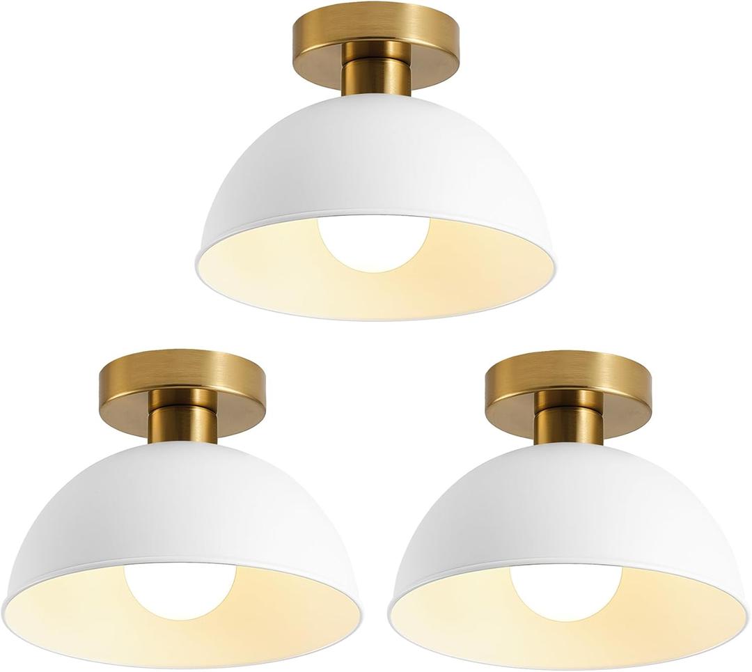 3-Pack Industrial Semi Flush Mount Ceiling Light with Gold Plate and White Shade, Farmhouse Ceiling Light Fixture for Kitchen Island Dining Room Foyer Hallway Porch Barn Loft10in