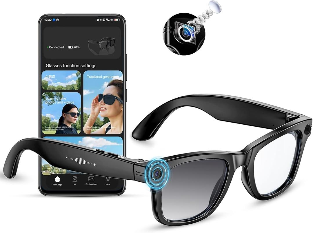 Mingtawn AI Smart Glasses 4K HD Camera, BT Call, 800W Anti-Shake Camera Glasses with Video Recording Dual Mic, Simultaneous Interpretation/GPT Identify Objects, 270mAh Smart Glasses, Photochromic