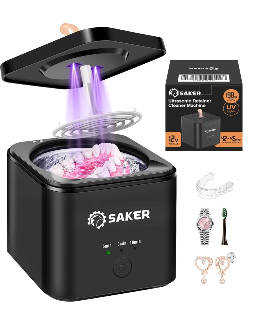 Saker Ultrasonic Retainer Cleaner Machine for Denture Professional Protable Ultrasonic Jewelry Cleaner for Rings,Mouth Guard 45Khz 180ML Black