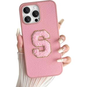 Skyseaco for iPhone 15 Pro Max Case, Cute Monogram Phone Case for Women Girls with Pink Initials Phone Case Luxury Leather Shockproof Protective Cover for iPhone 15 Pro Max 6.7 inch - S