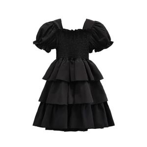 EIAY Shop Girls Floral Casual Dress Puff Sleeve Plaid Smocked Dresses Square Neck for 7-12 Years Black M