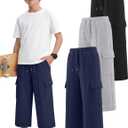 3 Pack Boys Capri Pants Drawstring Elastic Waisted Teens Cargo Joggers Pull on Casual Sweatpants with Pockets