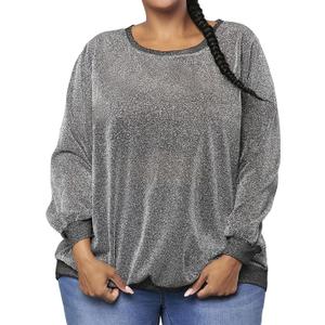 WDIRARA Women's Plus Size Glitter Drop Shoulder Sweatshirt Metallic Round Neck Long Sleeve Party Rave Pullover Tops (Silver)