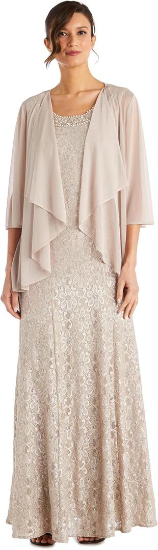 2-Piece Long Floral Glitter Lace Dress W/Beaded Neckline & Matte Chiffon Flyaway 3/4 Sleeve Jacket (8, Champagne)