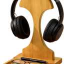 Wood Headphone Stand for Desk Gaming Headset Holder Hanger with Phone Rest and Storage Base, Detachable Design, Solid Wood Carved
