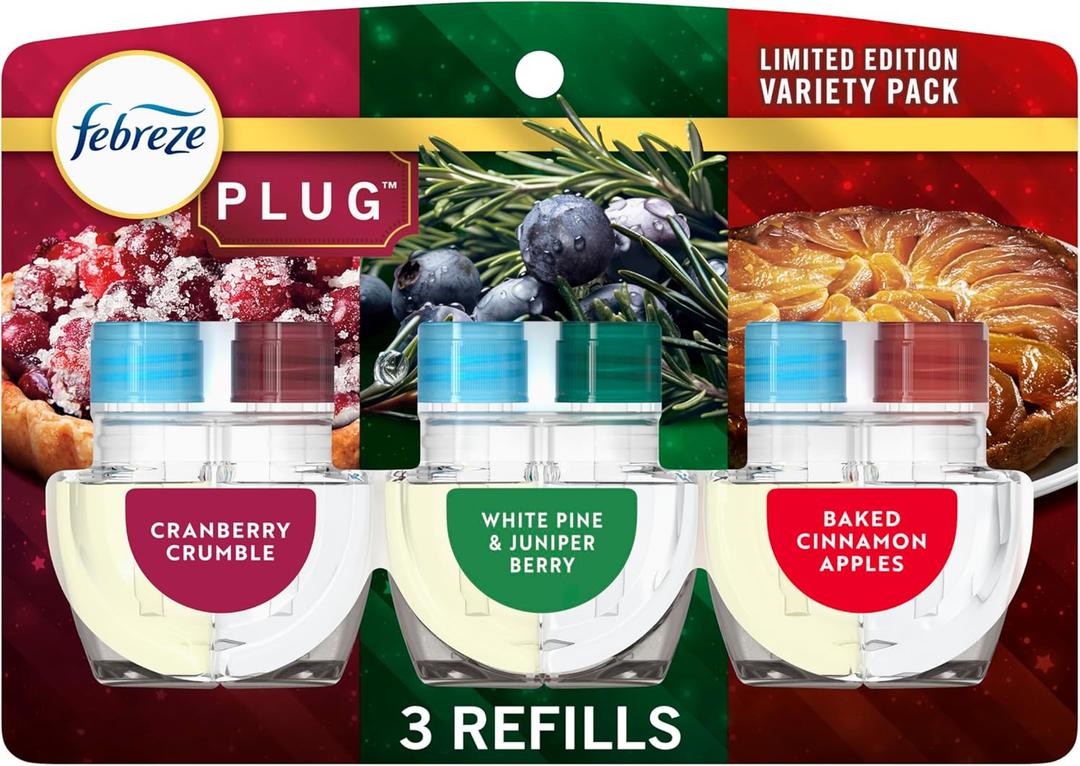 Febreze Plug In Air Freshener, Odor-Fighting Scented Oil Refill, Holiday Mix, 3 Refills, Clear