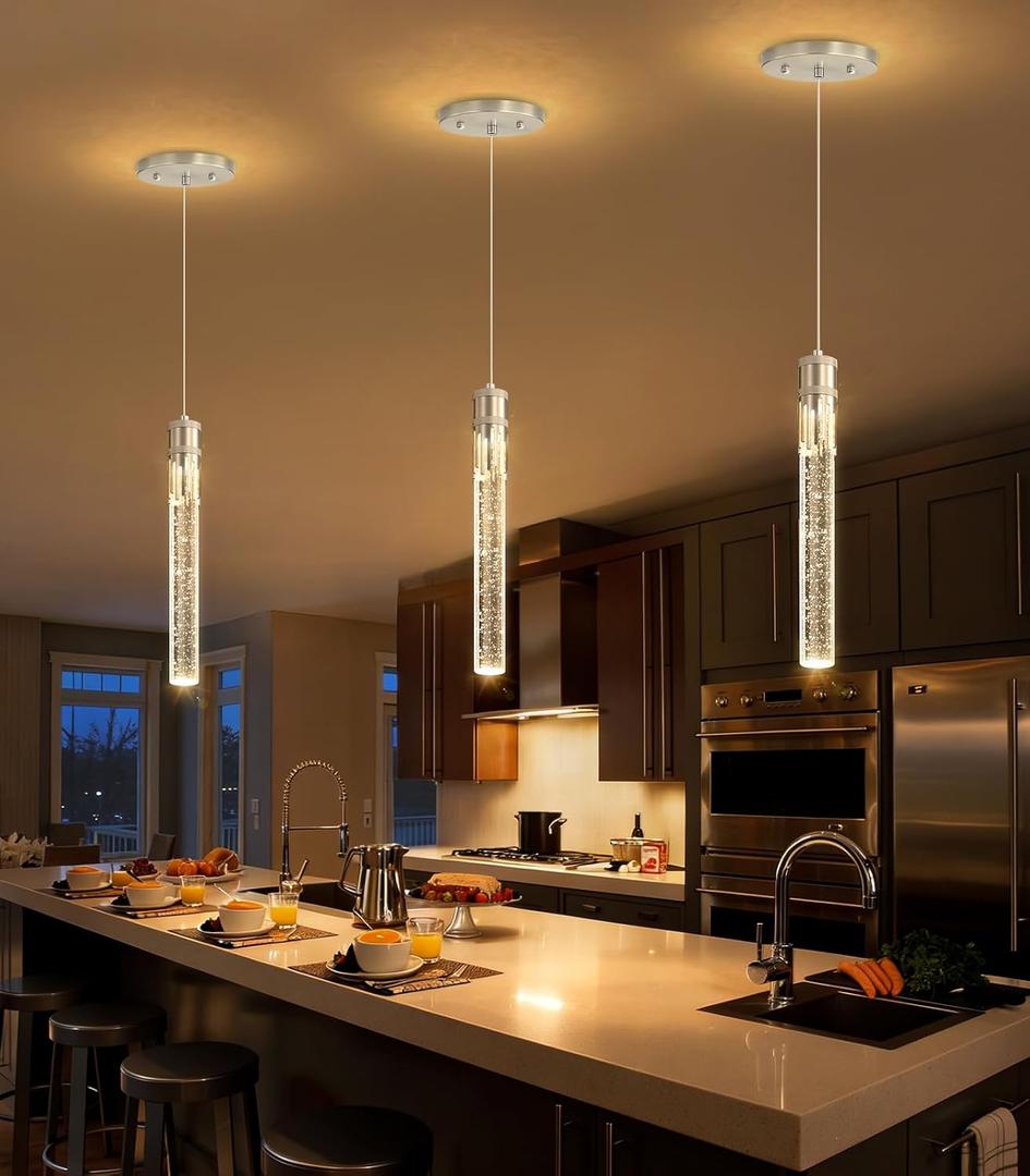 Modern Pendant Light Dimmable LED Kitchen Island Lighting Bubble Crystal Pendant Lights Silver Hanging Light Fixture