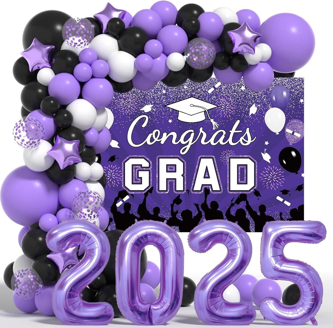 Graduation Decorations Class Of 2026: Purple and Black 2026 Graduation Balloons Arch Kit Congrats Grad Backdrop 136PCS Party Supplies for High School & College Celebrations