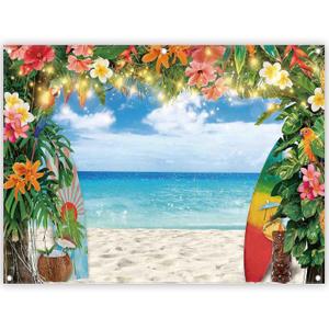 8x6ft Fabric Summer Hawaiian Beach Photography Backdrop Tropical Flower Palm Leaves Surfboard Background Aloha Luau Decorations Photo Banner