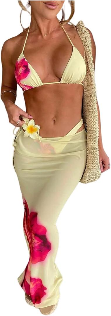 Women's 3 Piece Floral Bikini Sets Triangle Halter String High Cut Swimsuit with Cover Up Skirt (Yellow) XS