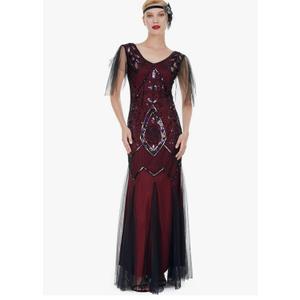 1920s Art Deco Sequin Maxi Dress, Vintage Flapper Gatsby Style, V-Neck with Tulle Sleeves, Long Evening Formal Gown, Medium, Burgundy 