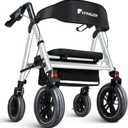 Rollator Walker with Seat,12" Front Wheels 10" Rear Rolling Walker, Extra-Wide Heavy-Duty Rollator Walker with Seat and Brakes for Seniors and Adults Bariatric with Large Aluminum (Blue)
