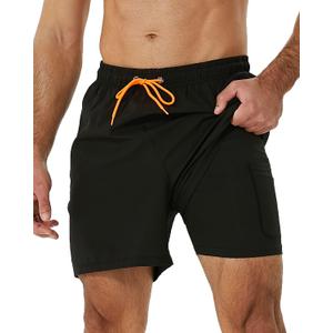 SILKWORLD Mens Swimming Trunks with Compression Liner 2 in 1 Quick-Dry Swim Shorts with Zipper Pockets (Large, Black)