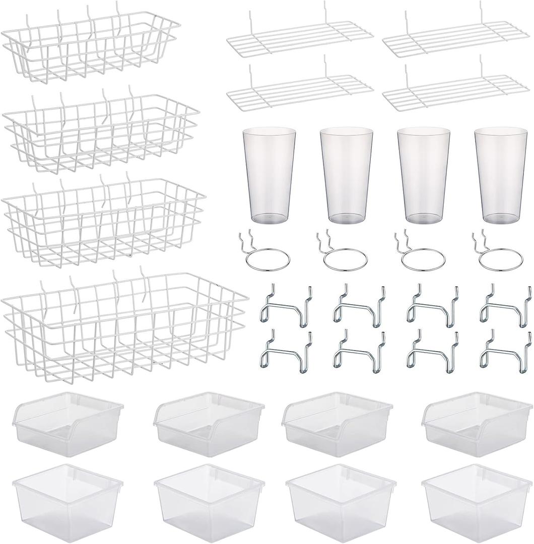 Yookeer 32 Pieces Pegboard Organizer Set Peg Board Rack with Hooks,Loops Wire Shelves Garage Storage, Craft Workshop, Workbench Assortment Organizer Tools(White)