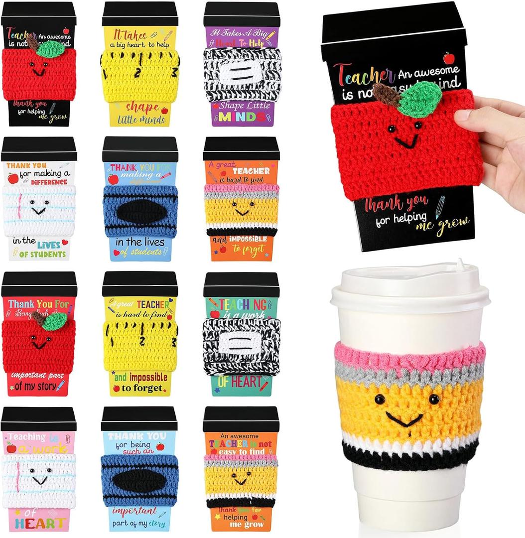 Zhehao 12 Set End of Year Teacher Gift Card Crochet Coffee Cup Sleeve Composition Notebook Crayon Thank You for Helping Me Grow Graduation Gifts for Teacher First Day of School Party Favors