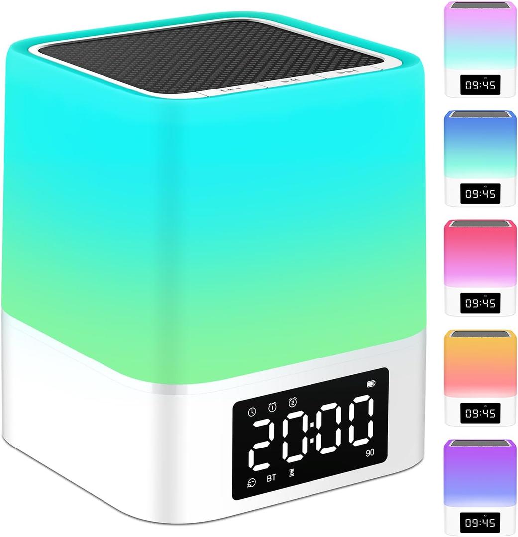 Night Light Bluetooth Speaker, Gifts for 10 11 12 13 14 15 Years Old Boys Teenager Girls, All-in-1 Dual Alarm Clock, Touch Sensor Bedside Lamp, 48 RGB Color Chang, MP3 Player, Wireless Speaker