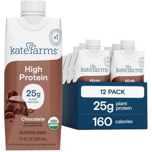 KATE FARMS Organic High Protein Chocolate Nutrition Shake, 25g Protein, 6g Fiber, 27 Vitamins and Minerals, 0g Sugar, Protein Drink, 11 oz (12 Pack)