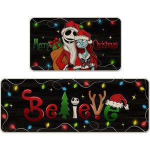 Merry Christmas Believe Jack Kitchen Rugs Set of 2, Xmas Sally Black Kitchen Mats Decor, Funny Holiday Floor Door Mat Home Decorations -17x29 and 17x47 Inch