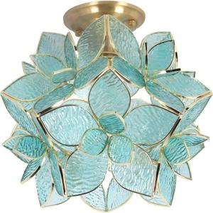 Bieye L11048 Flower Petals Tiffany Style Stained Glass Close to Ceiling Light for Home Decor (Light Blue, 12" Rose Lily)