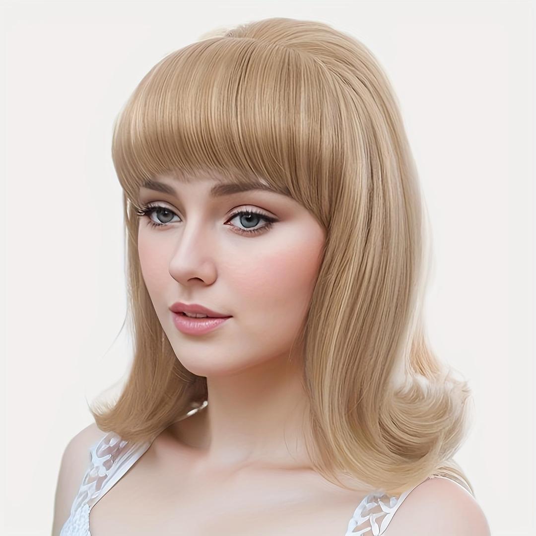 H&Bwig Blonde Beehive Wig With Bangs 50's Flip Wig For Women 60s 70s Party Costume Cosplay Halloween(Blonde Highlight)