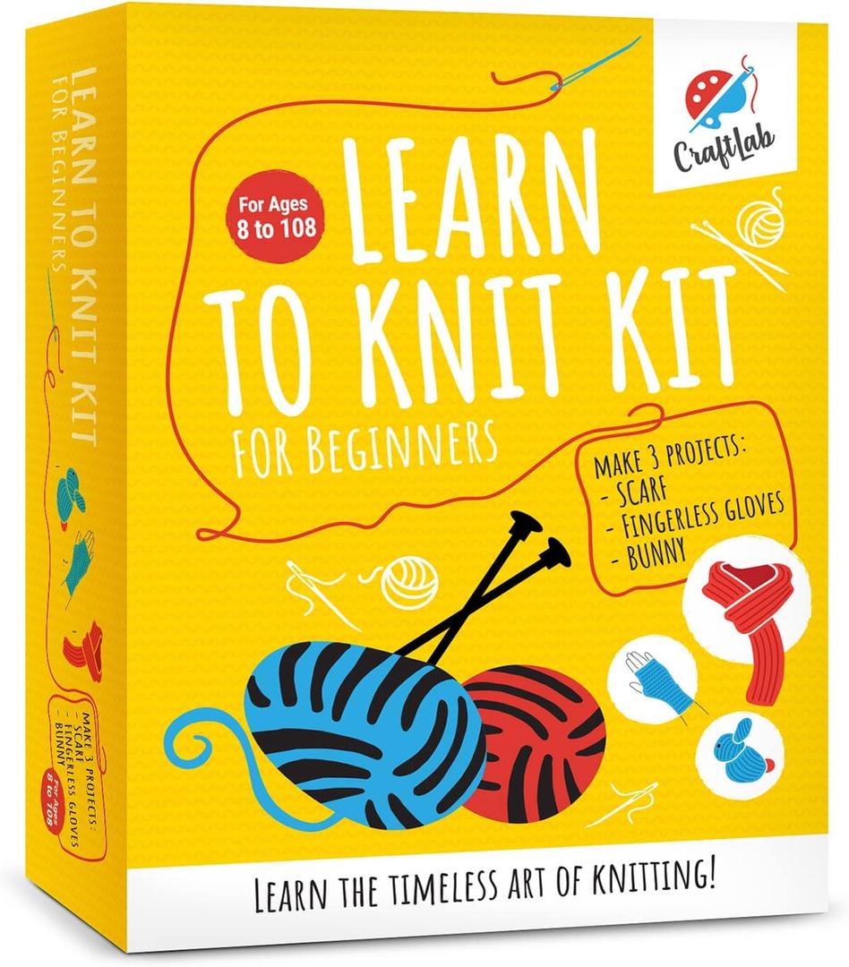 CraftLab Knitting Kit for Beginners, Kids Adults Seniors Includes All Knitting Supplies: Wool Yarn, Knitting Needles, Yarn Needle and Instructions  Fantastic DIY Gift Learn to Knit Arts & Crafts Kit