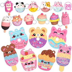 28 Pack Valentines Day Gifts for Kids, Valentines Cards for Kids Classroom Exchange Gift with Dessert Squishy Toys Keychains, Valentines Party Favors and Prizes for Boys Girls