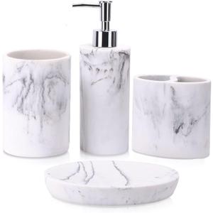 ZCCZ Bathroom Accessory Set, 4 Pcs Marble Look Bathroom Vanity Countertop Bathroom Dcor Sets Accessories with Soap Dispenser, Toothbrush Holder Set, Tumbler, Soap Dish (White Marble Look Rounded)