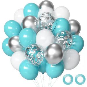 Teal Blue Silver White Balloons, 50Pcs Teal and Silver Balloons Turquoise Blue White Silver Confetti Latex Balloons for Wedding Bridal Shower Birthday Graduation Party Decorations