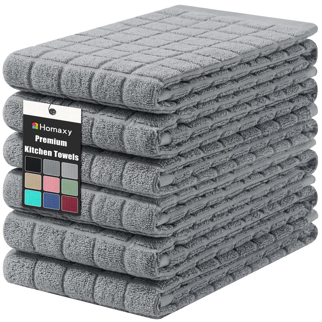 Homaxy Premium Cotton Kitchen Towels 16"x 28", Large Natural Ring Spun 390 GSM Dish Towels, Super Absorbent Terry Kitchen Hand Towels, Soft Tea Towels with Hanging Loop, Pure Grey Design, 6 Pack