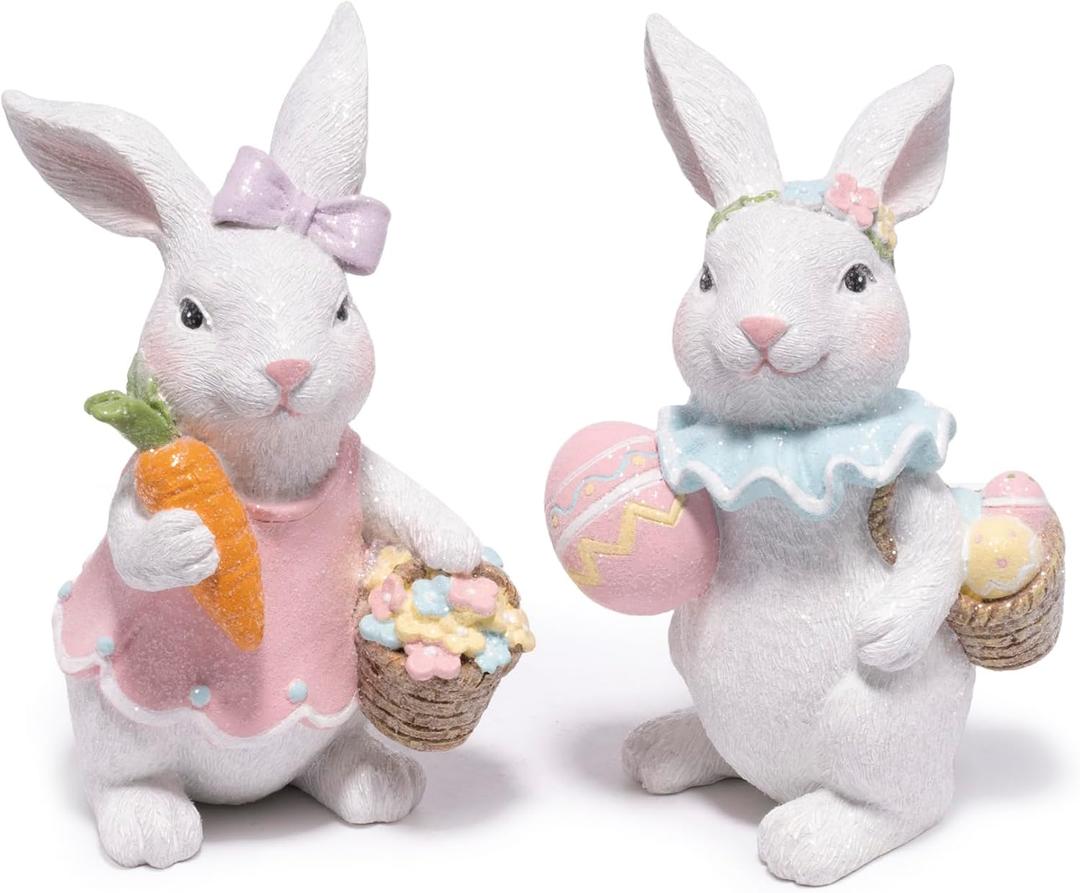 Hodao Easter Bunny Figurines Set, Spring Rabbit Decor with Easter Eggs Basket, Floral Wreath Bunny Statues, Tabletop Home Decoration for Living Room, Entryway
