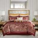 Madison Park Aubrey Cozy Comforter Set, Faux Silk Jacquard Paisley Design - All Season Down Alternative Bedding with Cotton Bed Sheets, Bed Skirt & Toss Pillows, California King Red 12 Piece