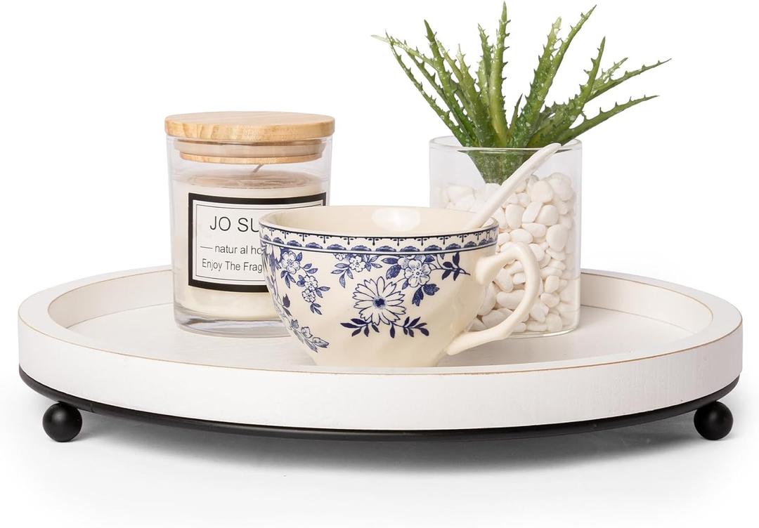 GENMOUS 12in Decorative Tray - White Wood Iron Bead Round Tray for Coffee Table, Rustic Farmhouse Centerpiece for Living Room, Kitchen Table Dining Decor