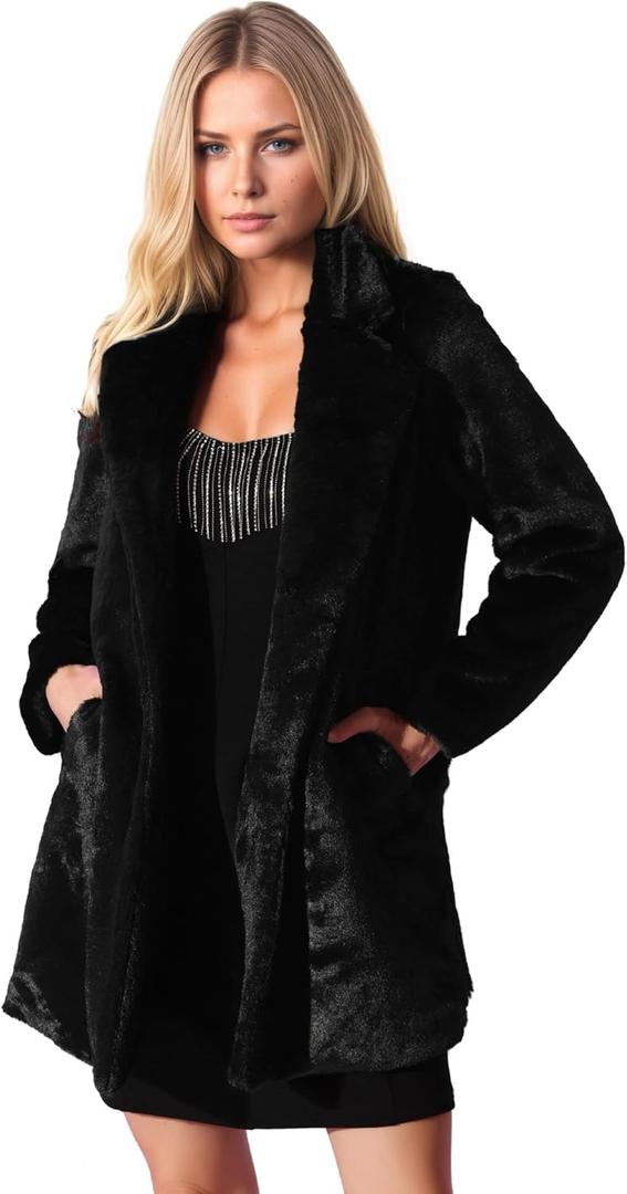 Allegra K Women's Faux Fur Coat Lapel Warm Overcoat Winter Open Front Casual Long Fluffy Jackets (Medium)
