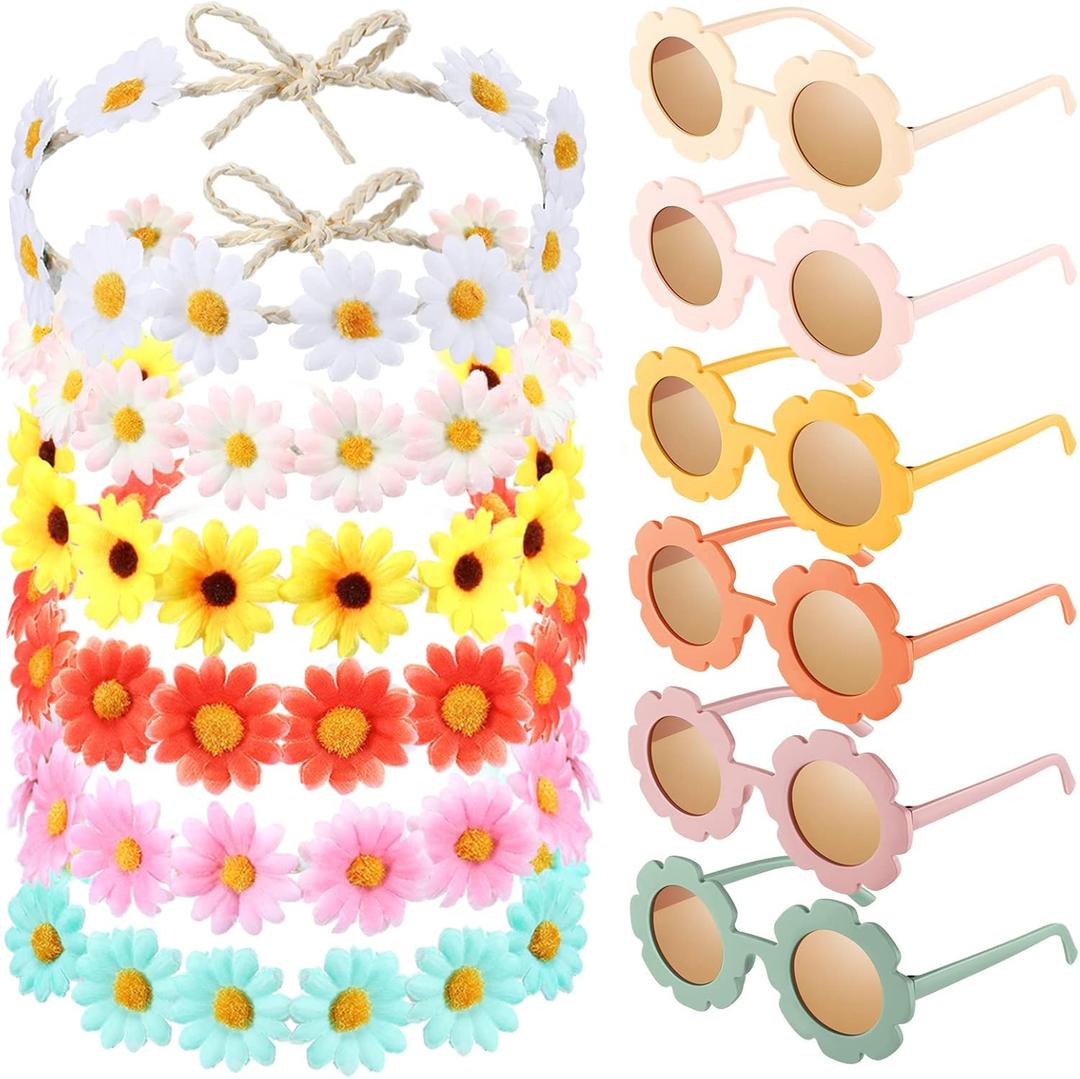 Groovy Retro Flower Sunglasses Headbands Party Favors Daisy Flower Costume Accessories Set 60s 70s Party Gifts for Kids