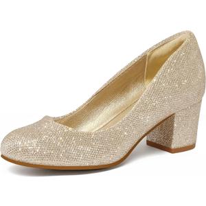 mysoft Women's Pumps Low Chunky Block Heel Round Toe Comfortable Dress Shoes (7.5, Gold Glitter)