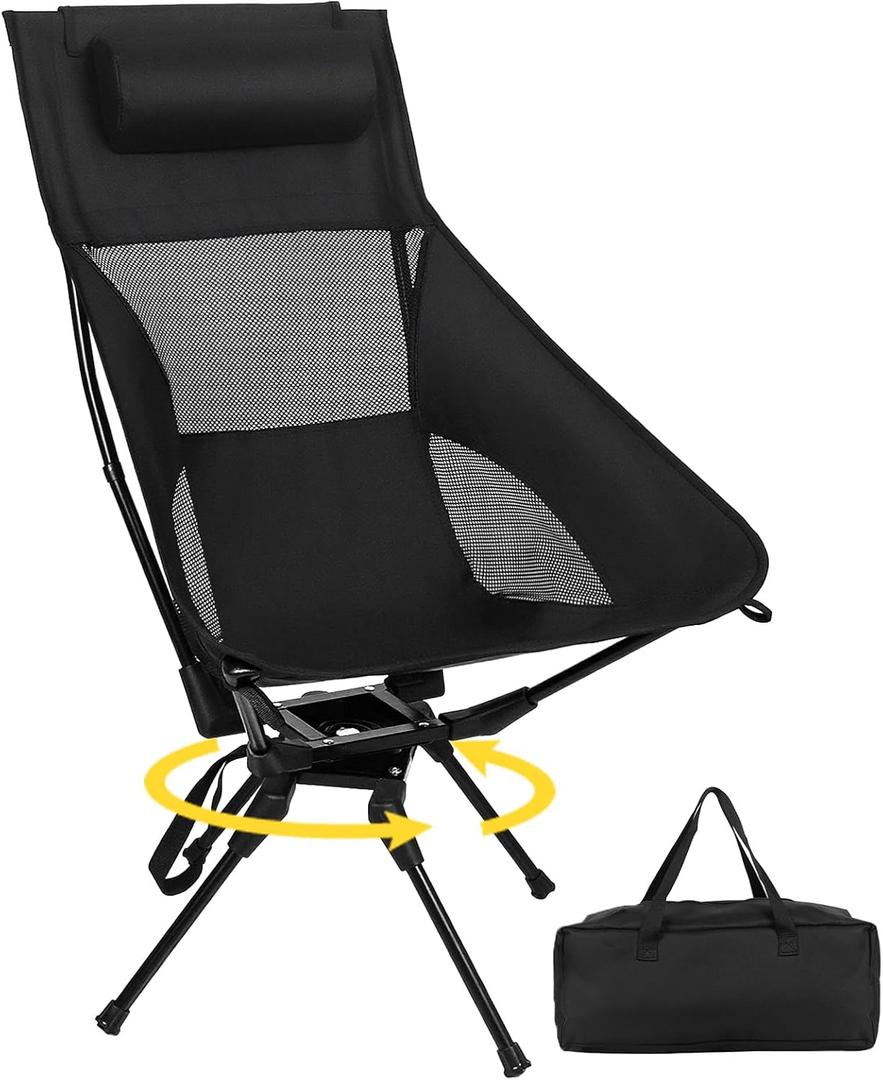 Swivel Portable Camping Chair, High Back Folding Chair with Detachable Pillow, Compact Lightweight Backpacking Chair for Outdoor, Travel, Beach, Hiking, Support 330 LBS, 1 Pack Black