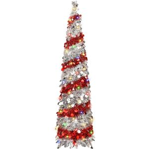 5FT Christmas Trees with 90 Lights, Collapsible Artificial Sequin Pop Up Christmas Tree, Tinsel Slim Pencil Christmas Tree for Home Holiday Fireplace Party Indoor Outdoor Xmas Decorations (Sliver&Red)