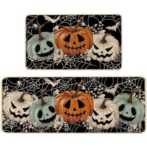 Baccessor Halloween Kitchen Mats Set of 2, Spooky Pumpkins Spider Web Ghost Kitchen Mat Rug Low-Profile Non Slip Absorbent Kitchen Floor Mats for Fall Home Party Decor 17x29 and 17x47 Inch (Black)