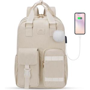 MATEIN School Backpack for Girls, 15.6 Inch Cute College Backpack Corduroy Computer Bookbag with USB Charging Port, TSA Lightweight Kawaii Travel Laptop Backpack Aesthetic for Teens Students, Beige